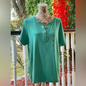 Karen Scott Turquoise/Aqua Henley Top OX Short Sleeve 100%Cotton NWT